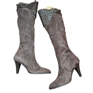 Max De Carlo Knee-High Boots 7B Brown Italian Suede Leather Croc Embossed Baddie